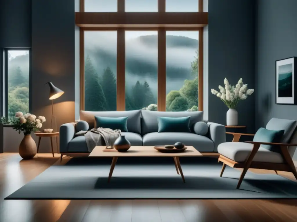 Salón minimalista: armonía en blanco, gris y madera Un salón minimalista y sereno con decoración en tonos neutros, iluminado por luz natural