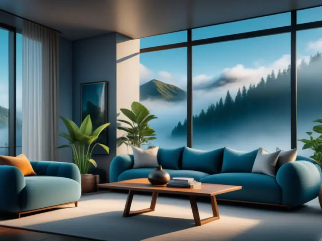 Salón minimalista y sereno en tonos terrosos y relajantes Salón minimalista en tonos tierra para relajación, con sofá acogedor, mesa de madera y decoración cuidadosamente seleccionada