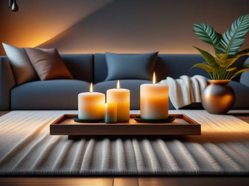 Salón minimalista con velas aromáticas: creando tranquilidad Un salón minimalista con velas aromáticas para relajación en casa, ambiente tranquilo y acogedor