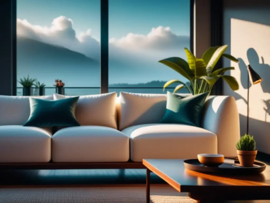 Sofisticada sala minimalista con luz natural Un salón minimalista con ventana de suelo a techo que permite que la suave luz natural ilumine el espacio