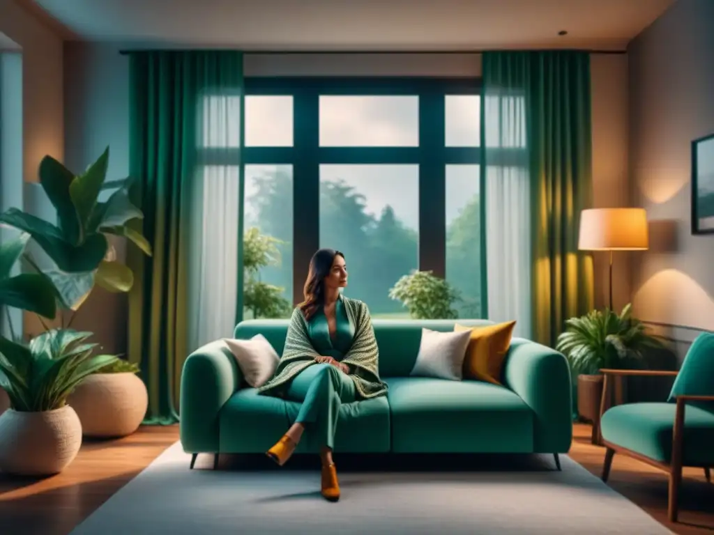 Salón sereno con ventana panorámica y jardín tranquilo Salón minimalista con vista a jardín, muebles neutros y luz natural