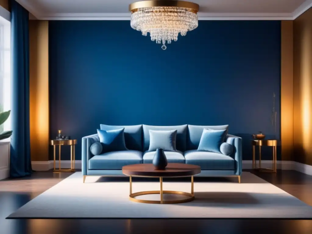 Salón de lujo: ambiente sereno y sofisticado con mobiliario de alta gama Salón lujoso con iluminación y mobiliario de lujo, ambiente sofisticado y acogedor en tonos neutros y toques de oro y azul profundo
