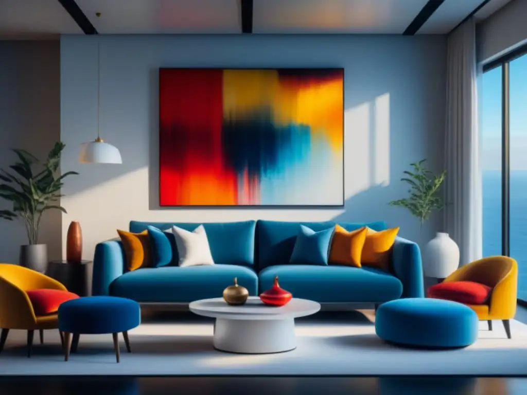 Salón moderno con pintura abstracta vibrante Un salón moderno con colores vibrantes en una pintura abstracta, creando un ambiente armonioso