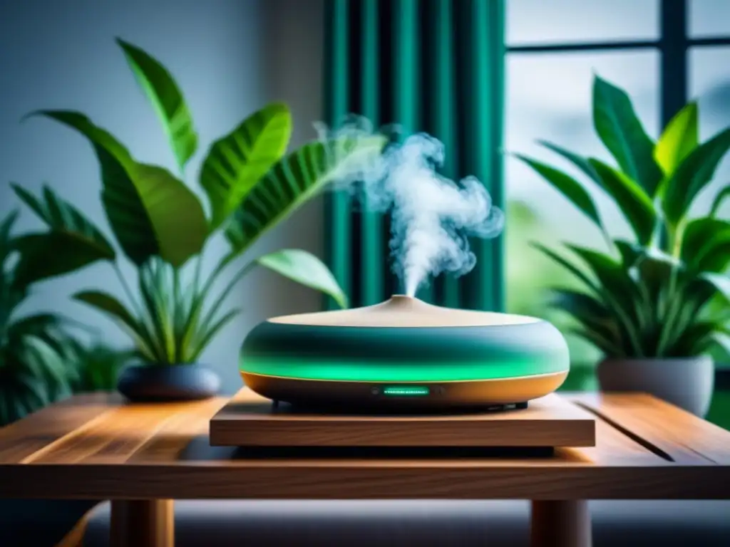 Tranquilidad eco en sala moderna con difusor aromático Un salón moderno con difusor ecológico creando una atmósfera relajante con plantas y luz natural