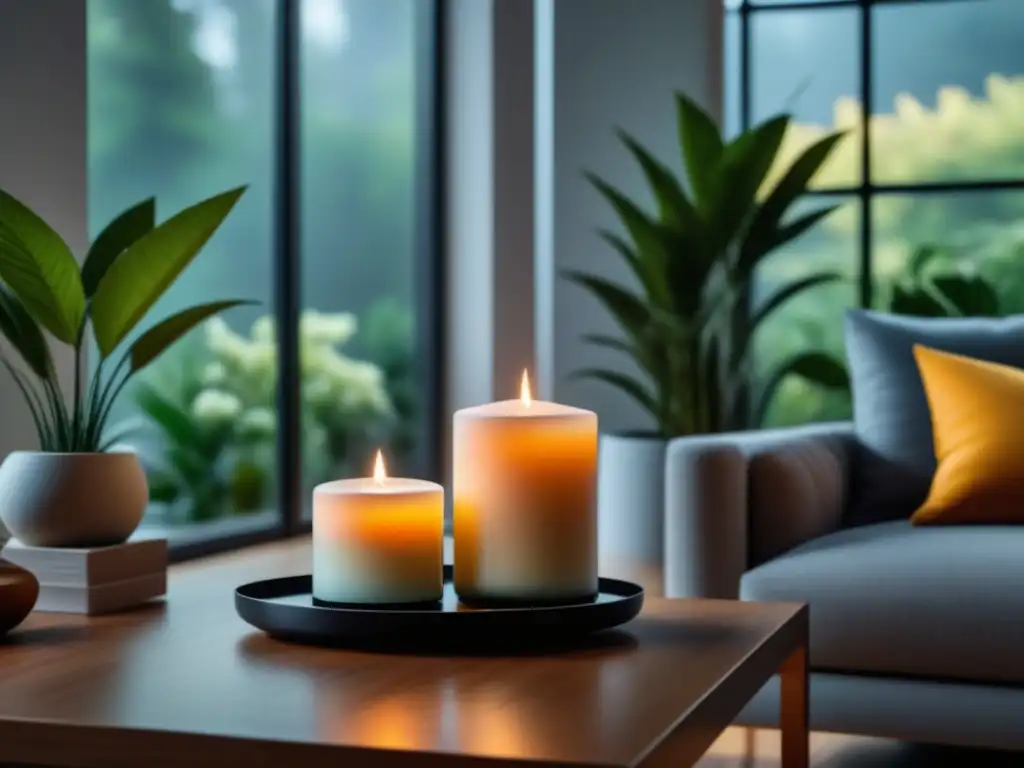 Serenidad moderna: sala minimalista con difusor de aceites esenciales Un salón moderno y elegante con aromaterapia en diseño de interiores