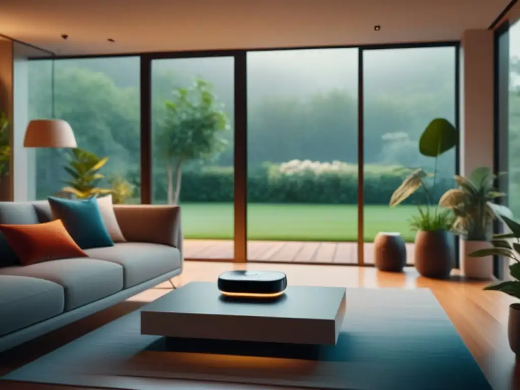 Hogar inteligente minimalista con jardín sereno Salón moderno con gadgets integrados y decoración chic, iluminado por luz natural