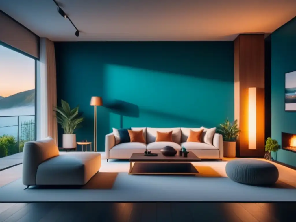 Un salón moderno con iluminación inteligente para ambientes personalizados, crea un ambiente cálido y acogedor