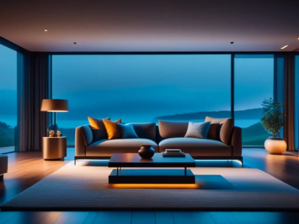 Sala de estar moderna con iluminación inteligente para relajarte Un salón moderno con iluminación inteligente para ambientes relajantes