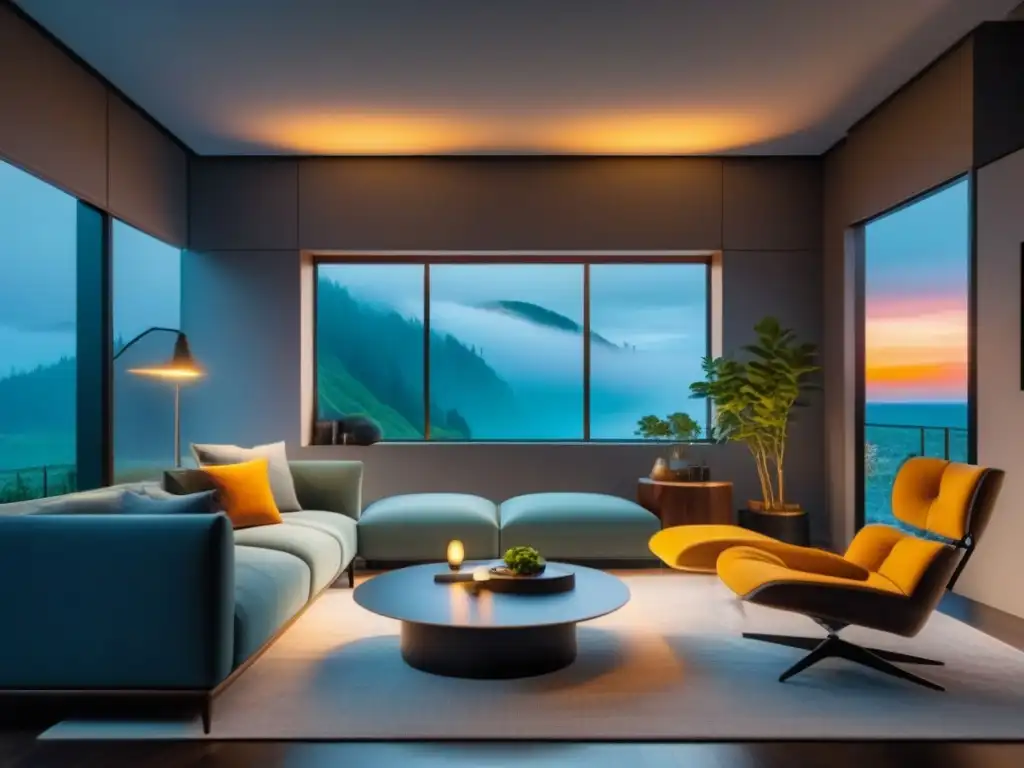 Salón moderno y acogedor con iluminación cálida y minimalista Un salón moderno con luces inteligentes, creando un ambiente relajante y acogedor