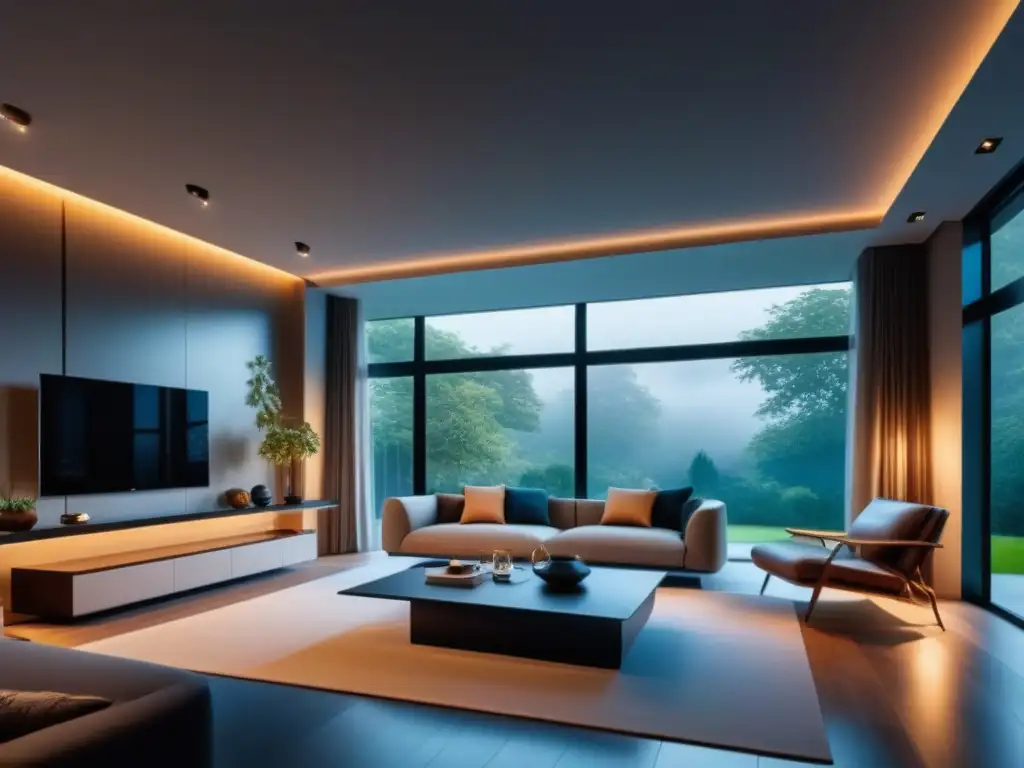 Salón moderno con iluminación ambiental LED para un hogar sereno Un salón moderno con luces inteligentes hogar relajante, diseño minimalista y vista al jardín