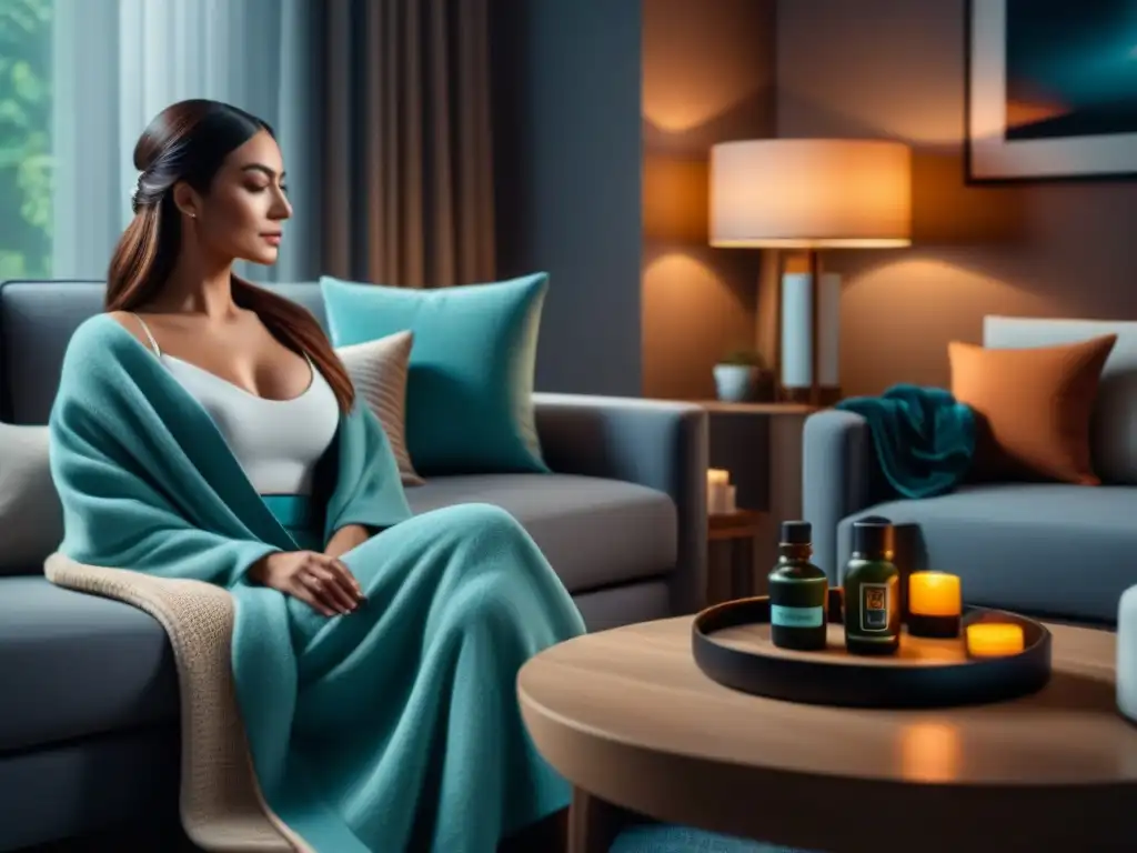 Sala de estar moderna y lujosa con difusor de aceites esenciales Salón moderno de lujo con difusor emitiendo suave neblina de aceites esenciales