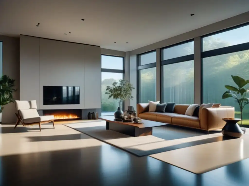 Un salón moderno y luminoso, con decoración minimalista en tonos neutros y grandes ventanales