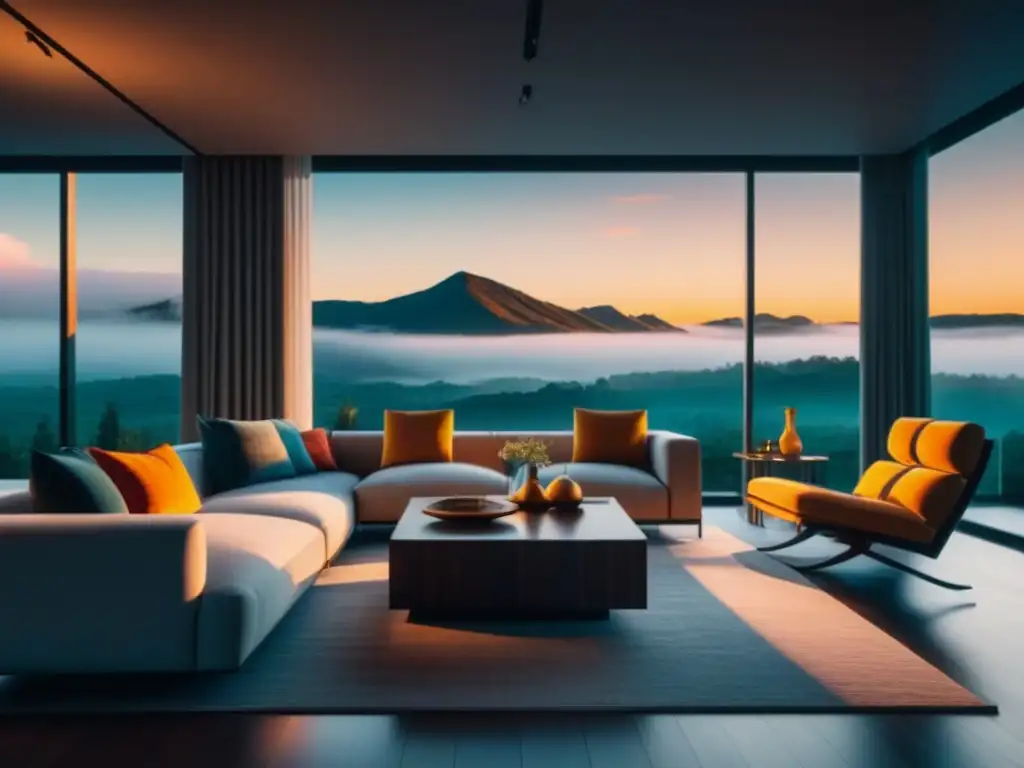 Sala minimalista con ventanales y arte vibrante Un salón moderno con luz natural en casa, muebles minimalistas y una obra de arte abstracto vibrante en la pared