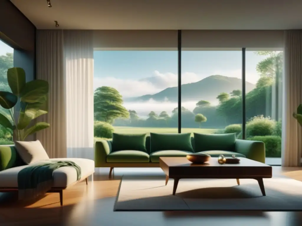 Salón moderno y sereno con purificador blanco en jardín verde Un salón moderno y sereno con purificador de aire para relajación, decoración minimalista y vistas al jardín