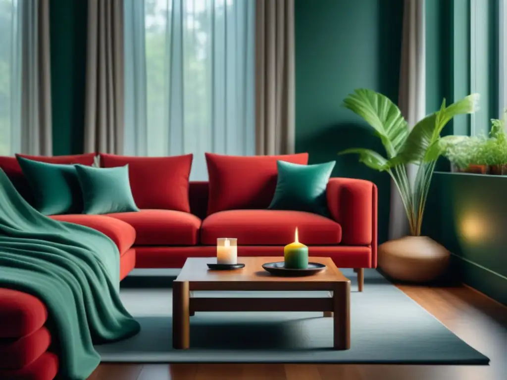 Salón moderno zen: app de meditación y naturaleza Un salón moderno y sereno con tecnología para relajación en casa: app de meditación en smartphone, plantas verdes y velas aromáticas
