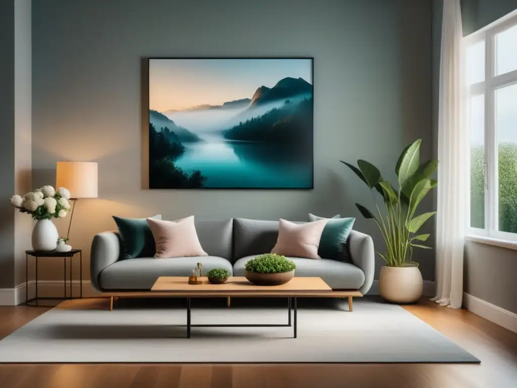 Salón minimalista: sofisticación en tonos neutros Un salón sereno y elegante con decoración minimalista para relajación en casa, con sofá gris, mesa de café, flores frescas y pintura abstracta