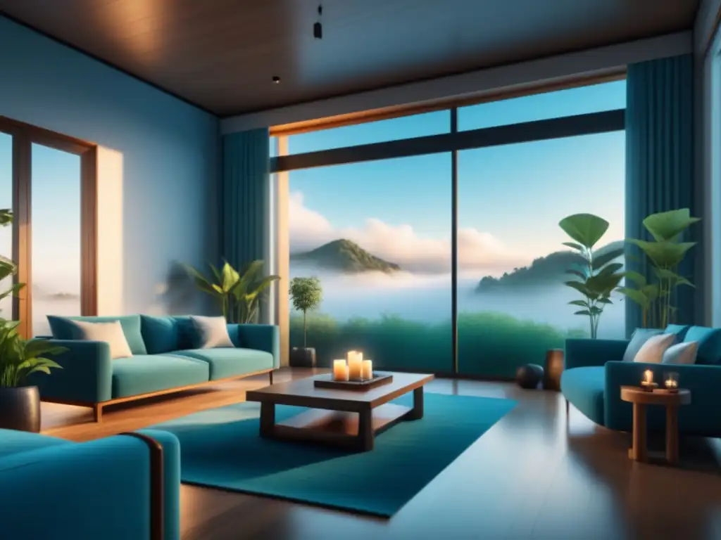Salón Feng Shui: armonía en azules y verdes Salón sereno con decoración Feng Shui para hogar relajante en tonos suaves y naturales
