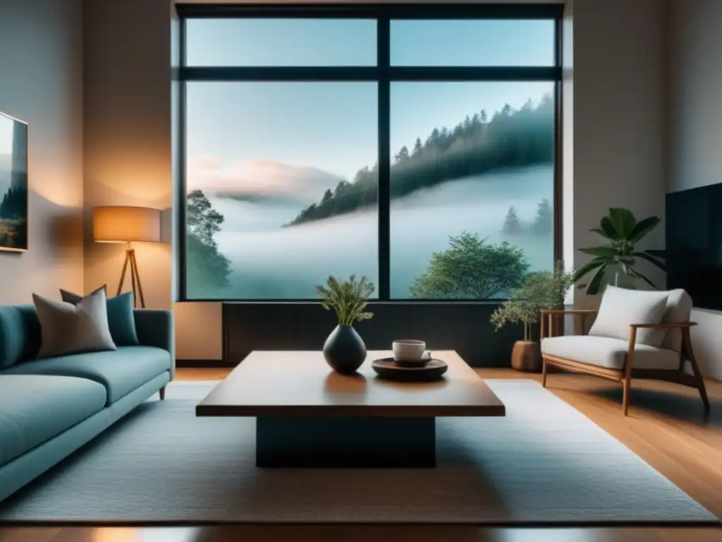 Sala minimalista y armoniosa: equilibrio Feng Shui Un salón sereno y minimalista con elementos de Feng Shui para hogar relajante