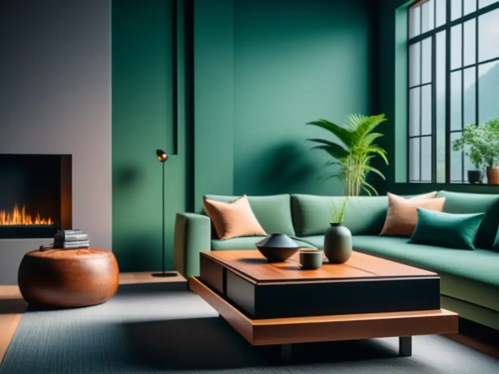 Salón minimalista y sereno: armonía Feng Shui para tu hogar Un salón sereno y minimalista en tonos tierra, con un sofá acogedor, mesa de café de madera y planta verde