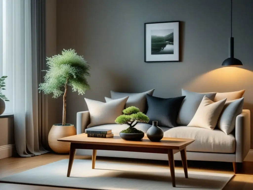 Salón minimalista y sereno: armonía y equilibrio Feng Shui Un salón sereno y minimalista con tonos suaves y neutros, luz natural y elementos de Feng Shui para hogar relajante