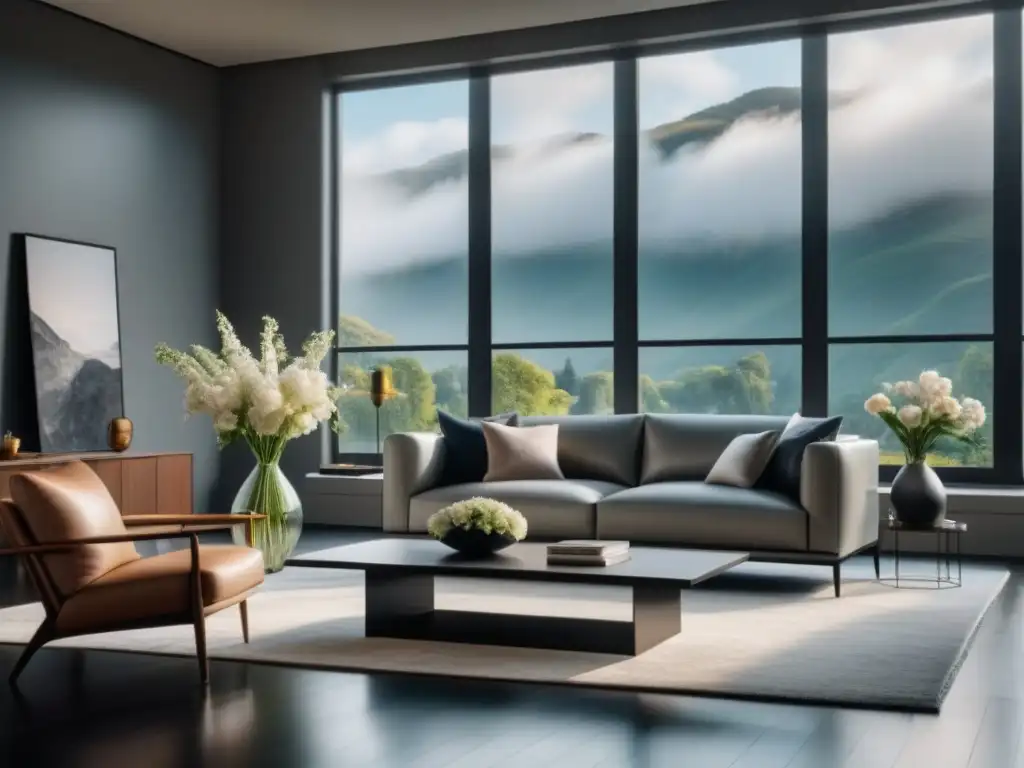 Salón de lujo moderno: sofá de cuero gris y alfombra mullida en crema Salón sereno y moderno con sofá gris y alfombra crema, bañado en luz natural