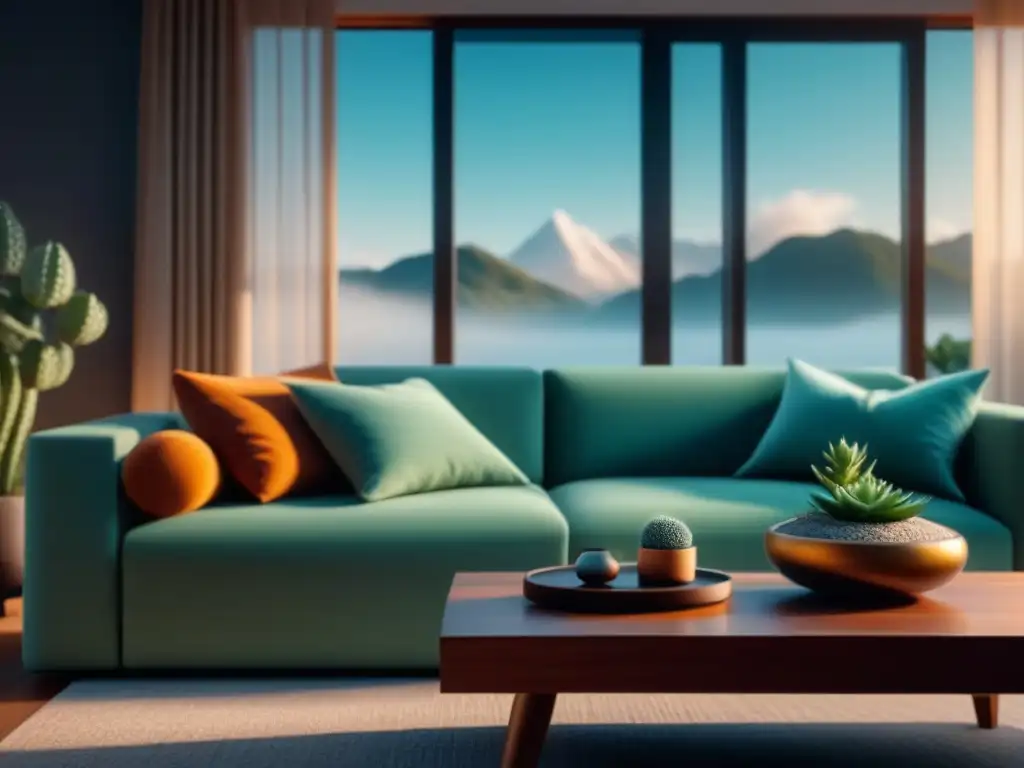 Salón minimalista sereno con luz natural y arte relajante Un salón sereno con muebles minimalistas, ventanales amplios y luz natural