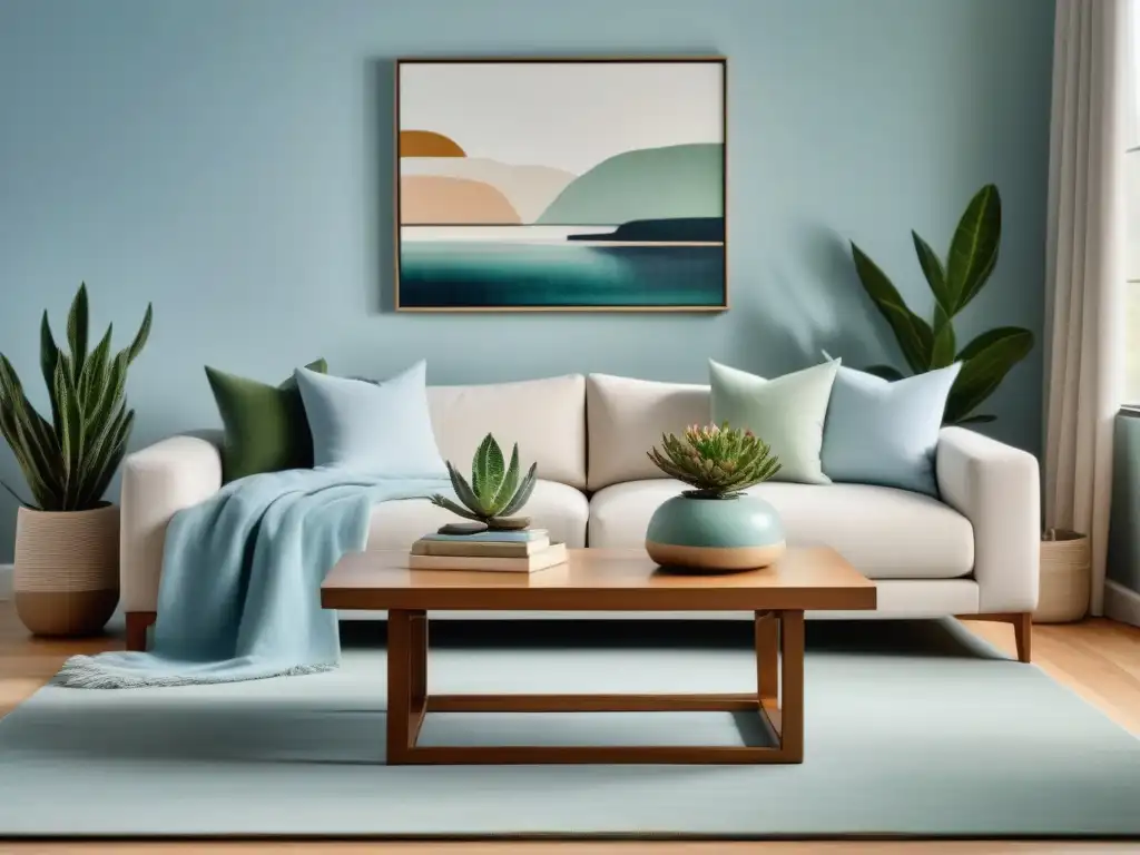 Salón minimalista y sereno en tonos pastel para relajarse en casa Un salón sereno en tonos pastel con un sofá blanco y cojines azules y verdes