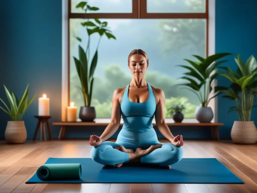 Estudio de yoga en casa: serenidad y minimalismo Un santuario de yoga en casa con una esterilla azul, vela encendida y planta verde