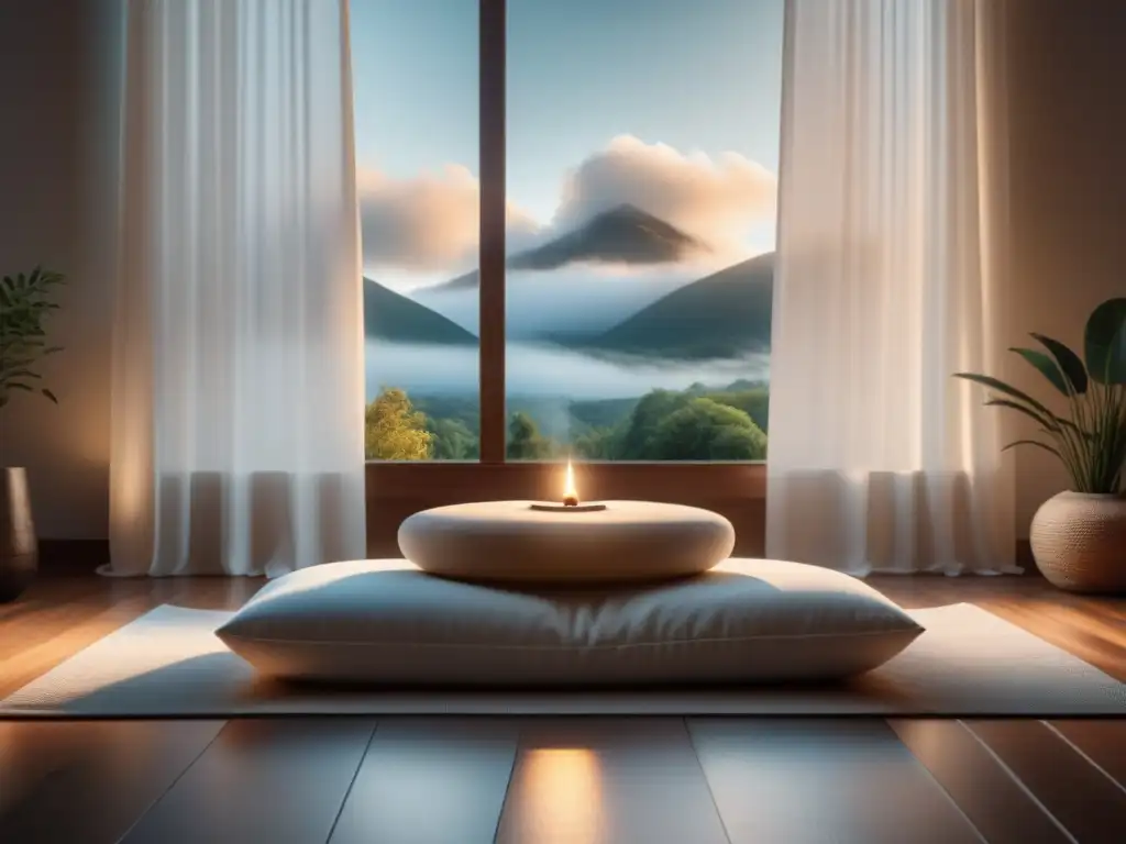 Espacio de meditación sereno y minimalista con accesorios de lujo Un santuario de meditación en casa con suplementos premium para una experiencia serena y sofisticada