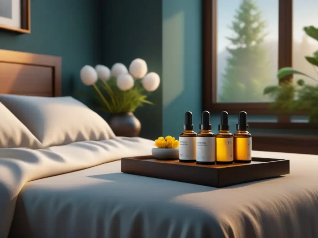 Tranquilidad aromática en dormitorio minimalista Un santuario de paz con aromaterapia: dormitorio minimalista con detalles serenos, libros y difusores de aceites esenciales