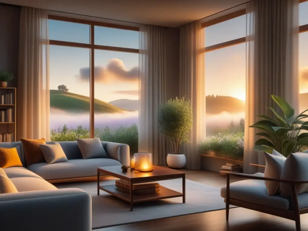 Salón minimalista con difusor de aroma y luz cálida Un santuario de paz con aromaterapia: una sala minimalista bañada en luz dorada, con un difusor emitiendo suave luz y aroma a lavanda
