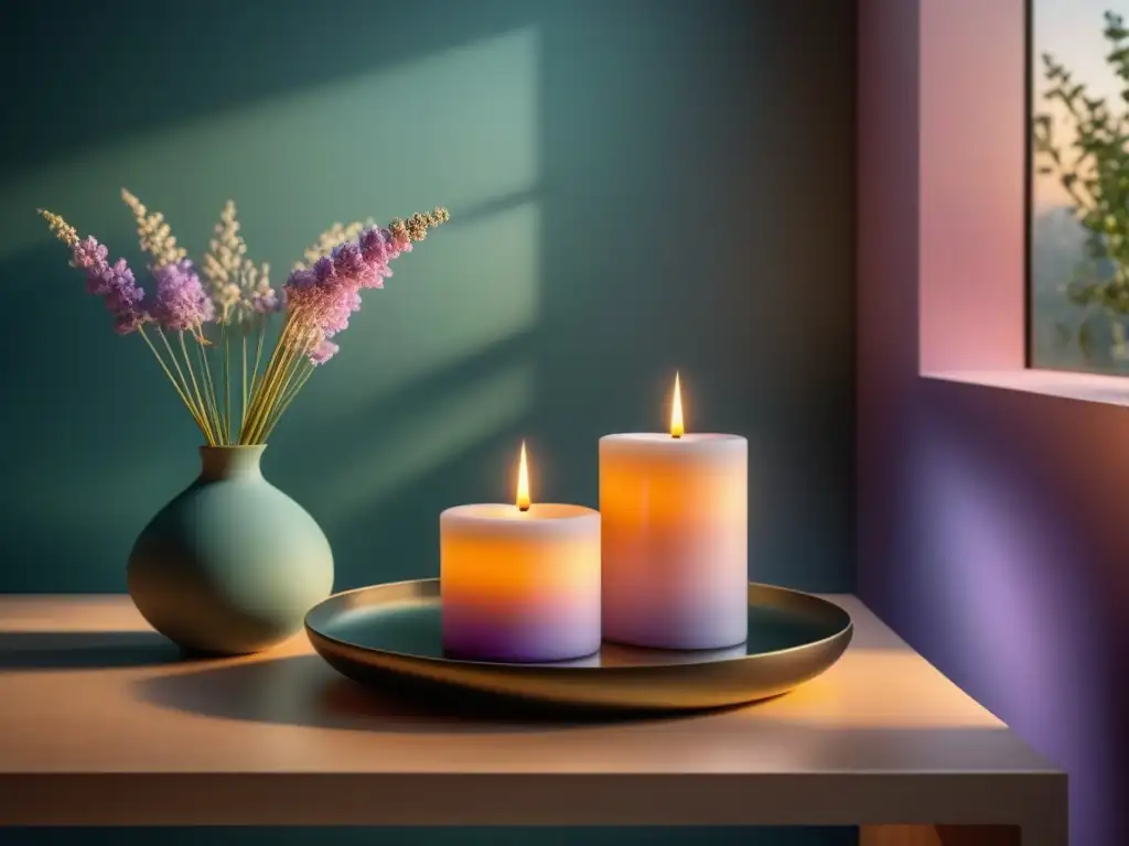 Un santuario de meditación con velas aromáticas en tonos relajantes