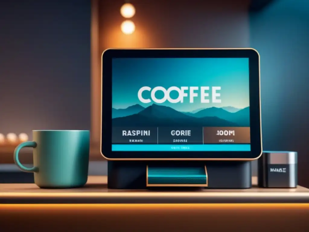 Selección futurista de café y té en club de suscripción Selección futurista en club suscripción cafés tés con interfaz digital elegante y moderna en café minimalista