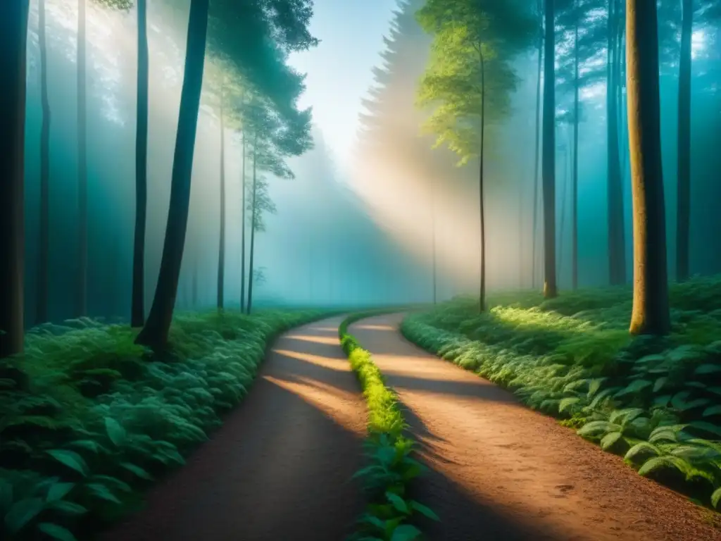 Sendero mágico en el bosque: guía hacia la luz Un sendero serpenteante en un bosque frondoso con luz filtrada entre las hojas, guiando hacia un resplandor etéreo