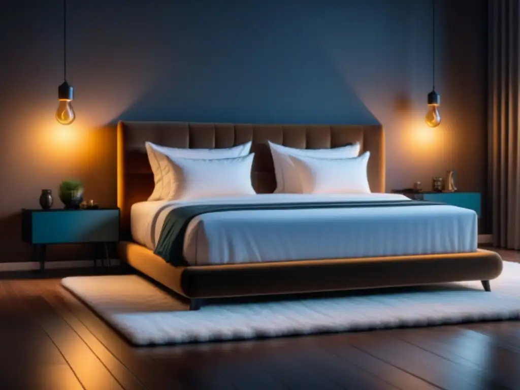 Acogedor dormitorio minimalista con iluminación cálida Habitación serena iluminada con iluminación inteligente para ambientes relajantes