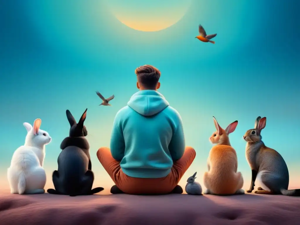 Armonía humana y animal en ilustración serena Una ilustración serena de una persona en meditación rodeada de animales, transmitiendo armonía y la conexión en la terapia con animales beneficios