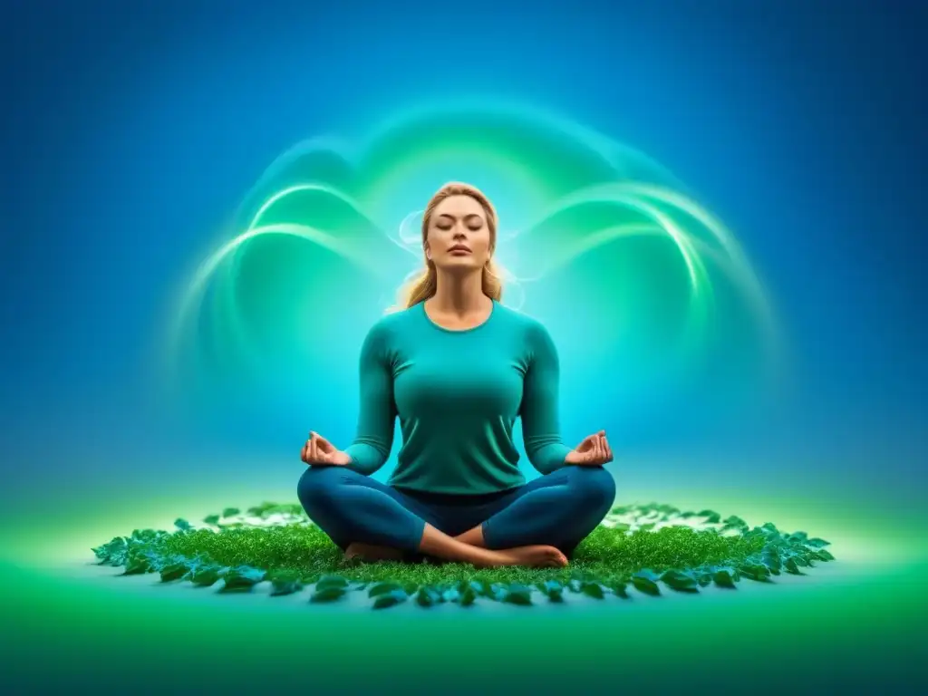 Meditación en armonía: figura serena en colores calmantes Ilustración serena de persona en meditación, rodeada de tonos azules y verdes, transmitiendo paz y mindfulness con técnicas de respiración
