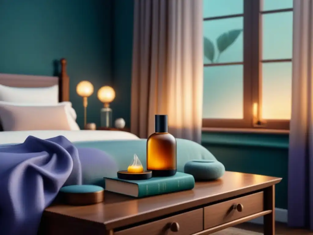 Tranquilidad aromática: difusor de lavanda en dormitorio sereno Un rincón de serenidad: aromaterapia para ambientes en casa con difusor y libros en mesa junto a suaves tonos neutros y luz natural