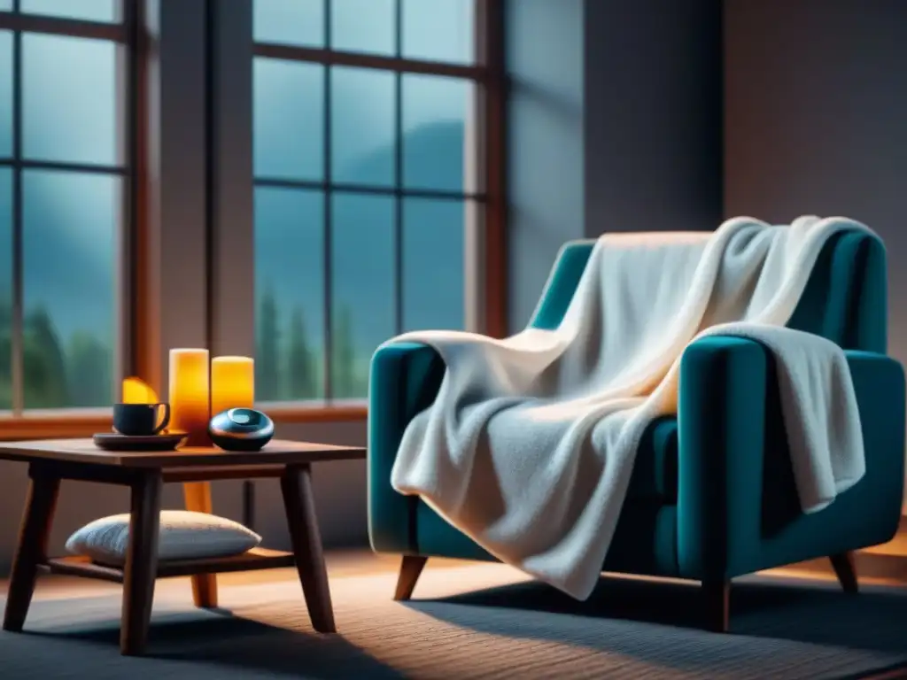 Serenidad y bienestar en un salón moderno con un dispositivo de salud para bienestar