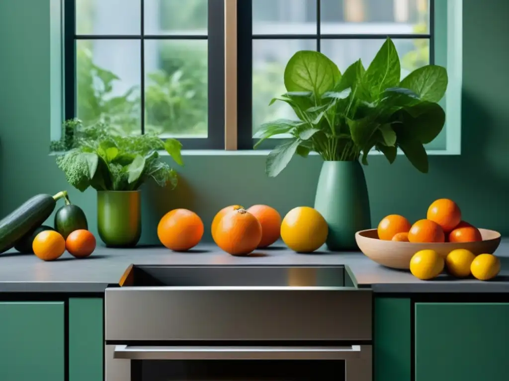 Armonía en la cocina: Jugos AntiEstrés y ingredientes vibrantes Un rincón de serenidad: encimera con frutas y verduras vibrantes, un exprimidor elegante y recetas de 'Jugos antiestrés fáciles preparar'