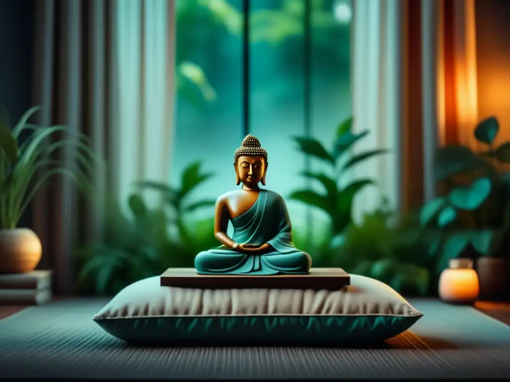 Sala de meditación minimalista y serena para relajación Serenidad en un espacio de visualización guiada decoración con cojín grande neutro, plantas y luz natural
