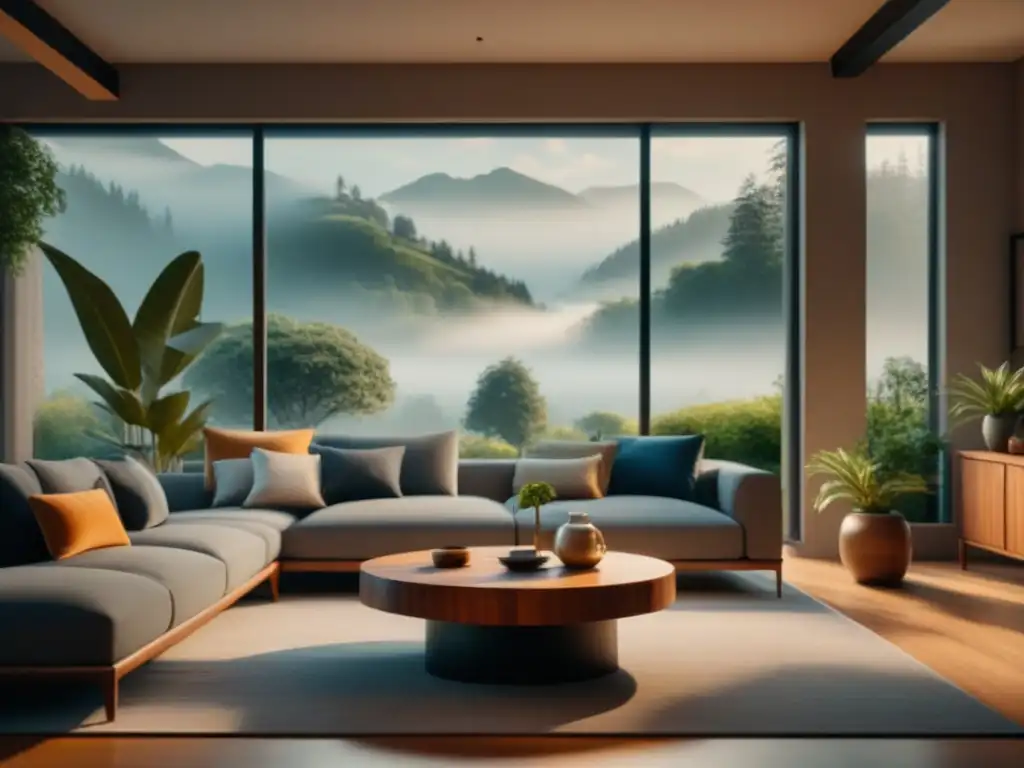 Salón minimalista: sofisticación y serenidad en gris Serenidad en sala minimalista con sofá gris, mesa de madera y arte abstracto
