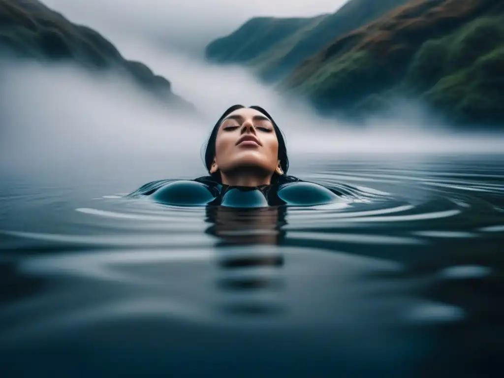 Tranquilidad en el agua fría: fortaleza mental y serenidad Un sereno baño de agua fría: persona sumergida en calma en la piscina, rodeada de neblina