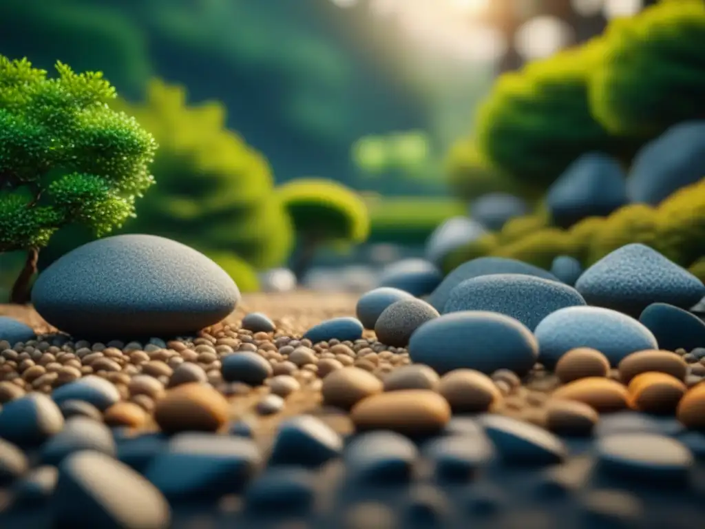 Jardín Zen: Detalles en 8k para una serenidad perfecta Jardín zen sereno con bonzais, piedras y luz solar filtrándose entre las hojas