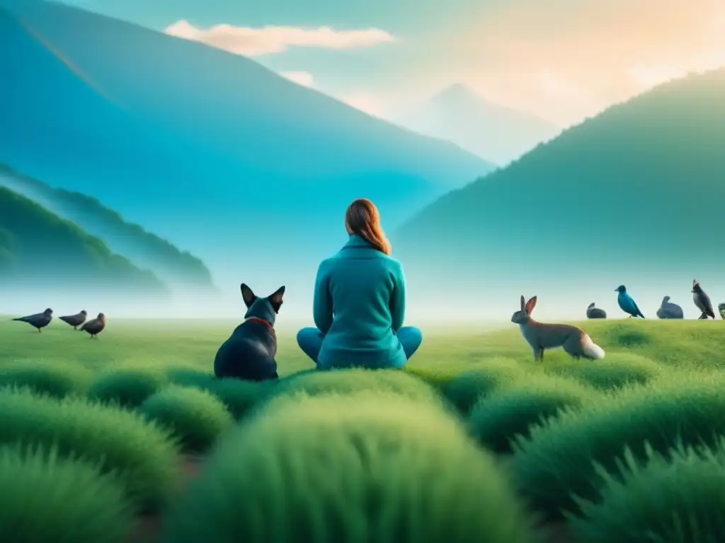 Armonía en la naturaleza: terapia con animales en campo sereno Un sereno campo donde la terapia con animales beneficia cuerpo y alma, rodeado de perro, gato, conejo y pájaro