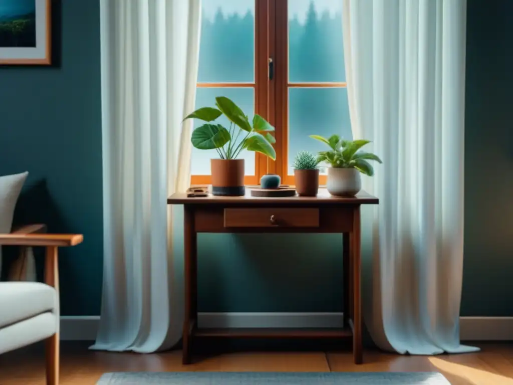 Rincón creativo y acogedor para terapia de arte en casa Rincón sereno en casa para arteterapia con mesa de madera, silla cómoda, planta y ventana con cortinas blancas