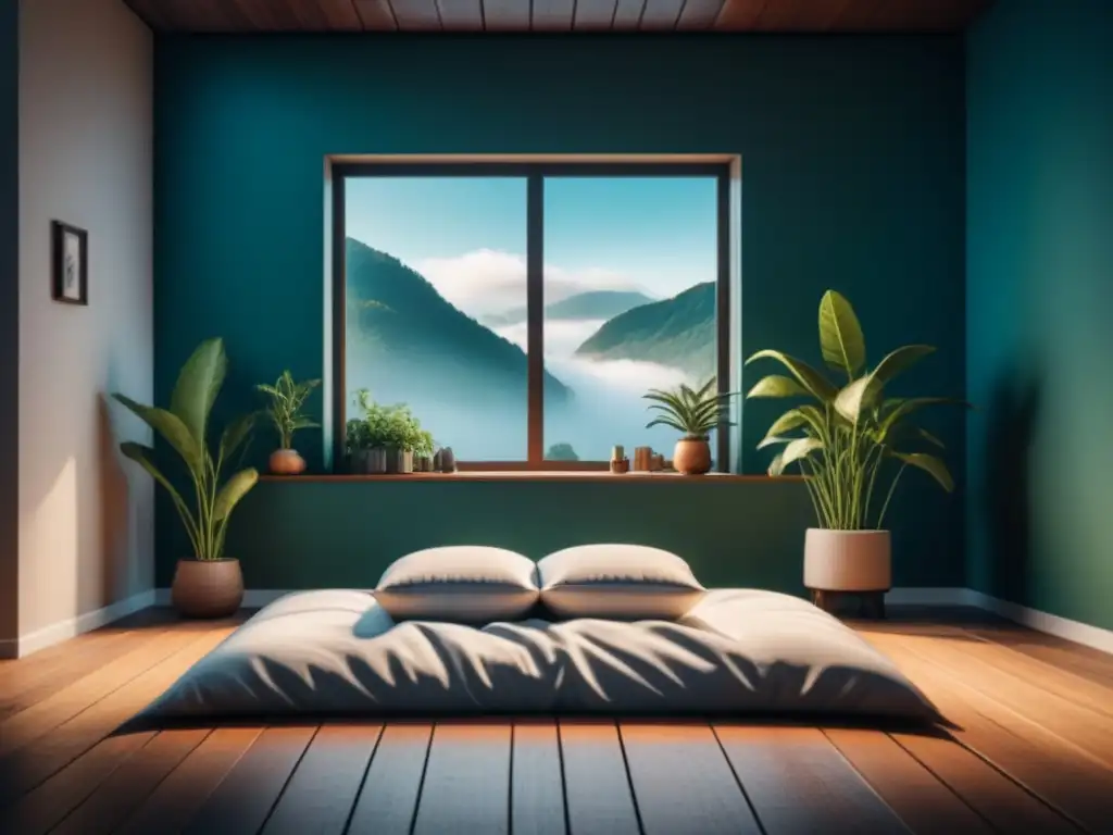 Rincón de meditación hogareño y sereno Un rincón de meditación sereno en casa, con cojines mullidos, un altar con plantas y luz natural