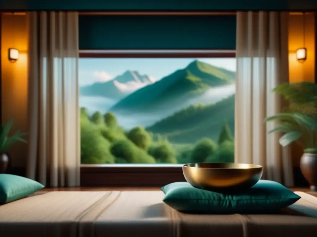 Serenidad en casa: sala de meditación con cuenco tibetano Un rincón de meditación sereno con un cuenco tibetano, ideal para técnicas de relajación