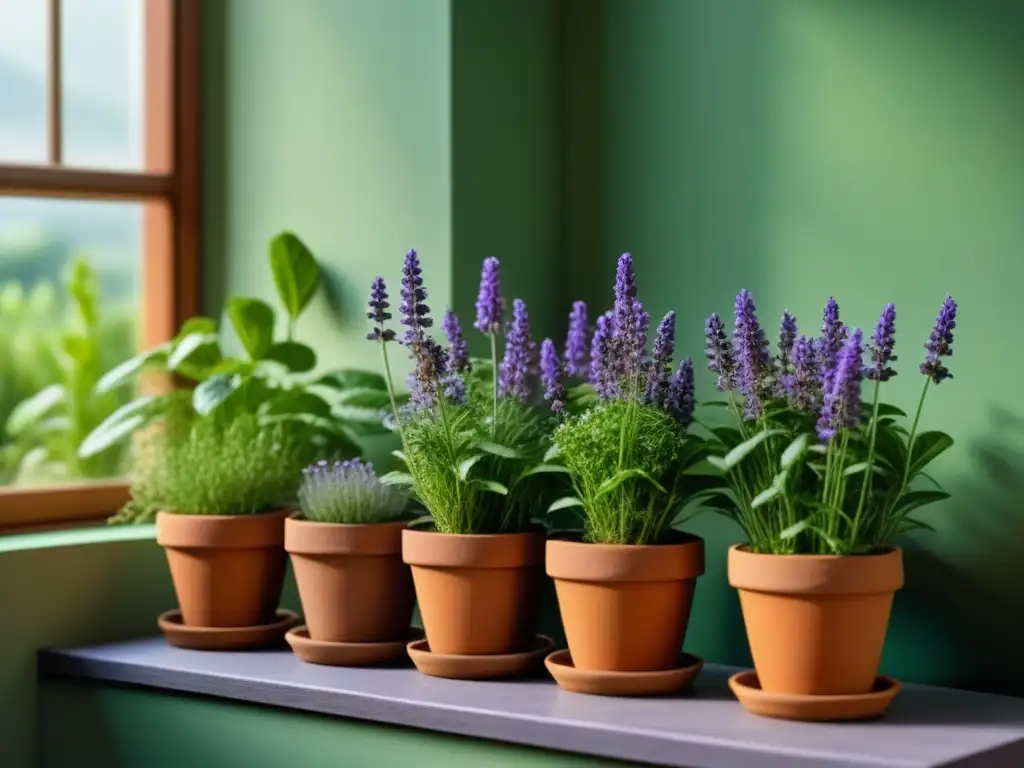 Jardín de hierbas medicinales: serenidad y color en casa Un jardín herbal hogareño sereno y educativo con lavanda, manzanilla y menta en macetas de terracota en un alféizar soleado