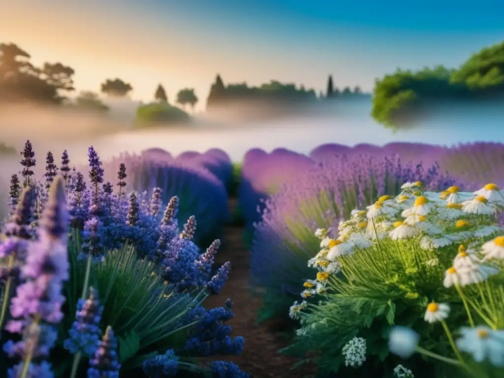 Jardín botánico vibrante con flores de lavanda en detalle Un jardín botánico sereno y exuberante con plantas medicinales vibrantes en un día soleado